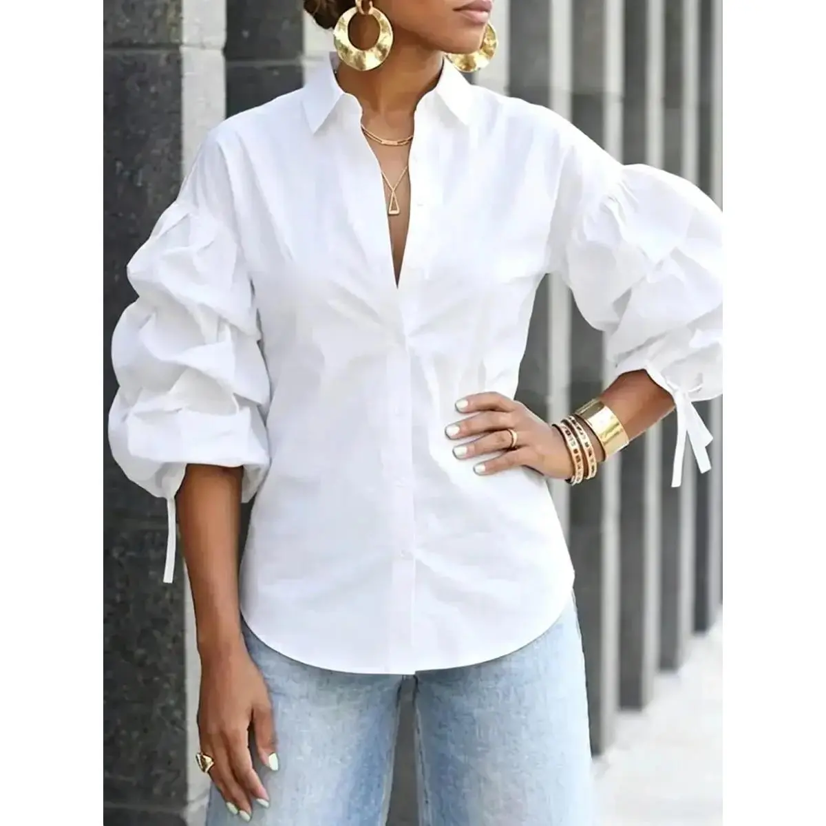 Women's Solid White Point Collar Button Blouse - Ruched Detail, Puff Sleeves, Tie Cuffs, Button Front, Relaxed Curved Hem, Loose Fit, Elegant Minimalist Basic Office Top for Daily Wear