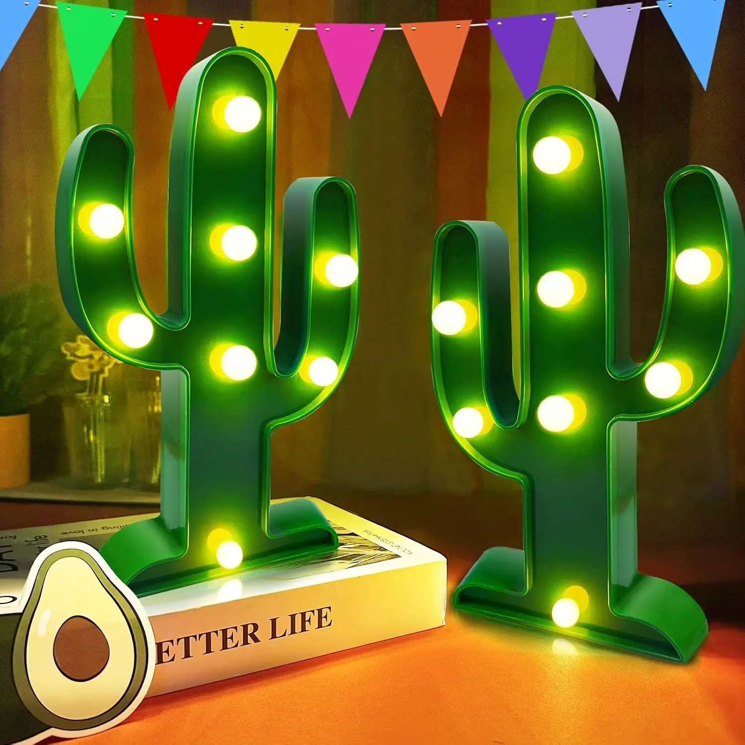 2-Pack Extra Large 10x5.5 in Cute LED Cactus Lights, Cinco de Mayo Mexican Fiesta Party Decor, Table Night Lamp for Kids' Room & Indoor Living Spaces, Gift Option