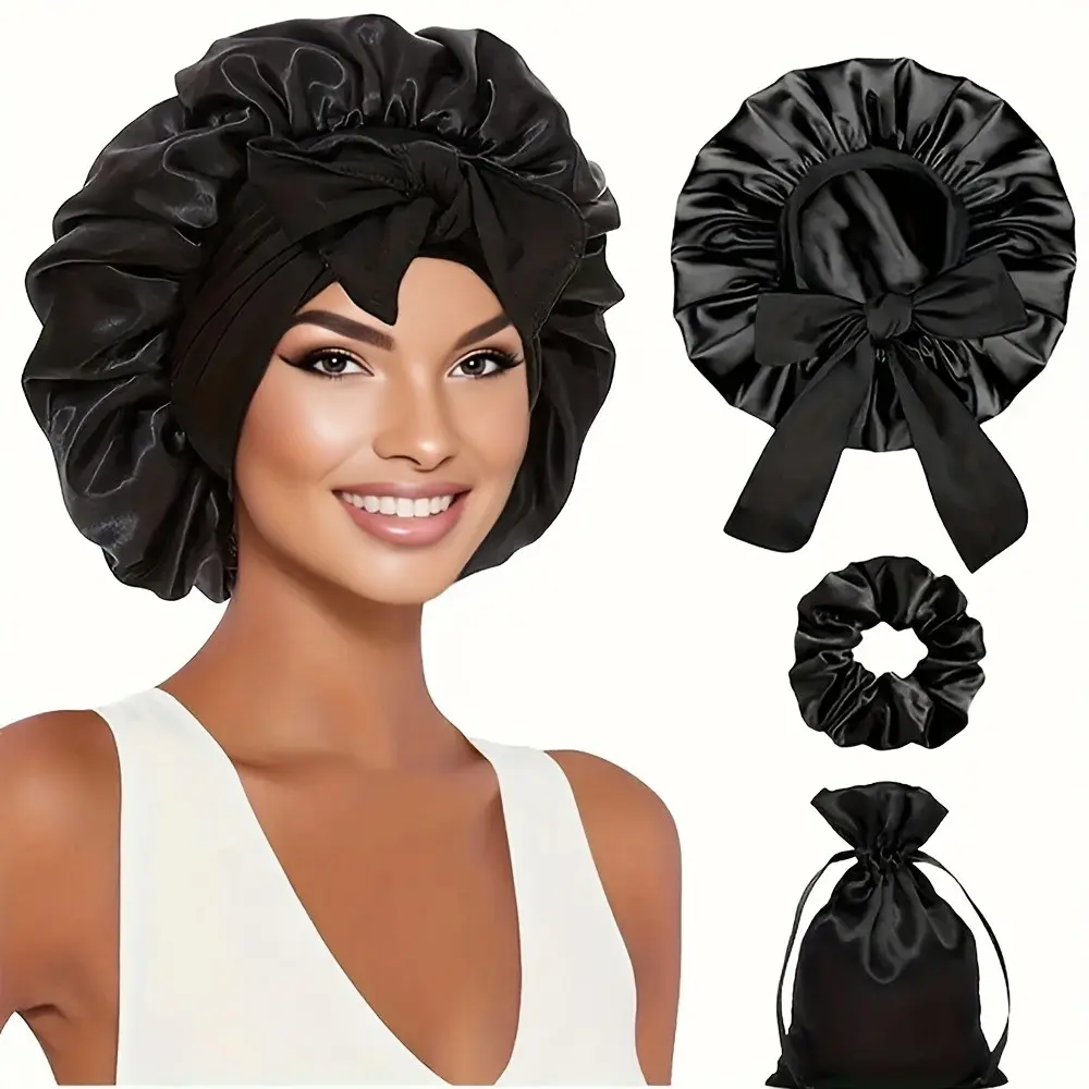 3-Piece Women's High-Quality Premium Satin Sleep Bonnet Set with Drawstring, Includes Sleep Bonnet, Storage Pouch & Hair Scrunchie, Soft Anti-Frizz Night Hair Cap for Curly Hair Braids Long Hair, Ideal Halloween Christmas Holiday Gift