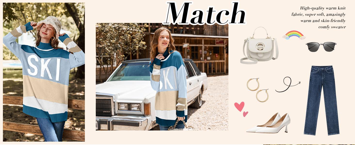 Yousify Womens Sweaters Fall 2024 Oversized Color Block Ski Sweater Crewneck Winter Tops S-2XL