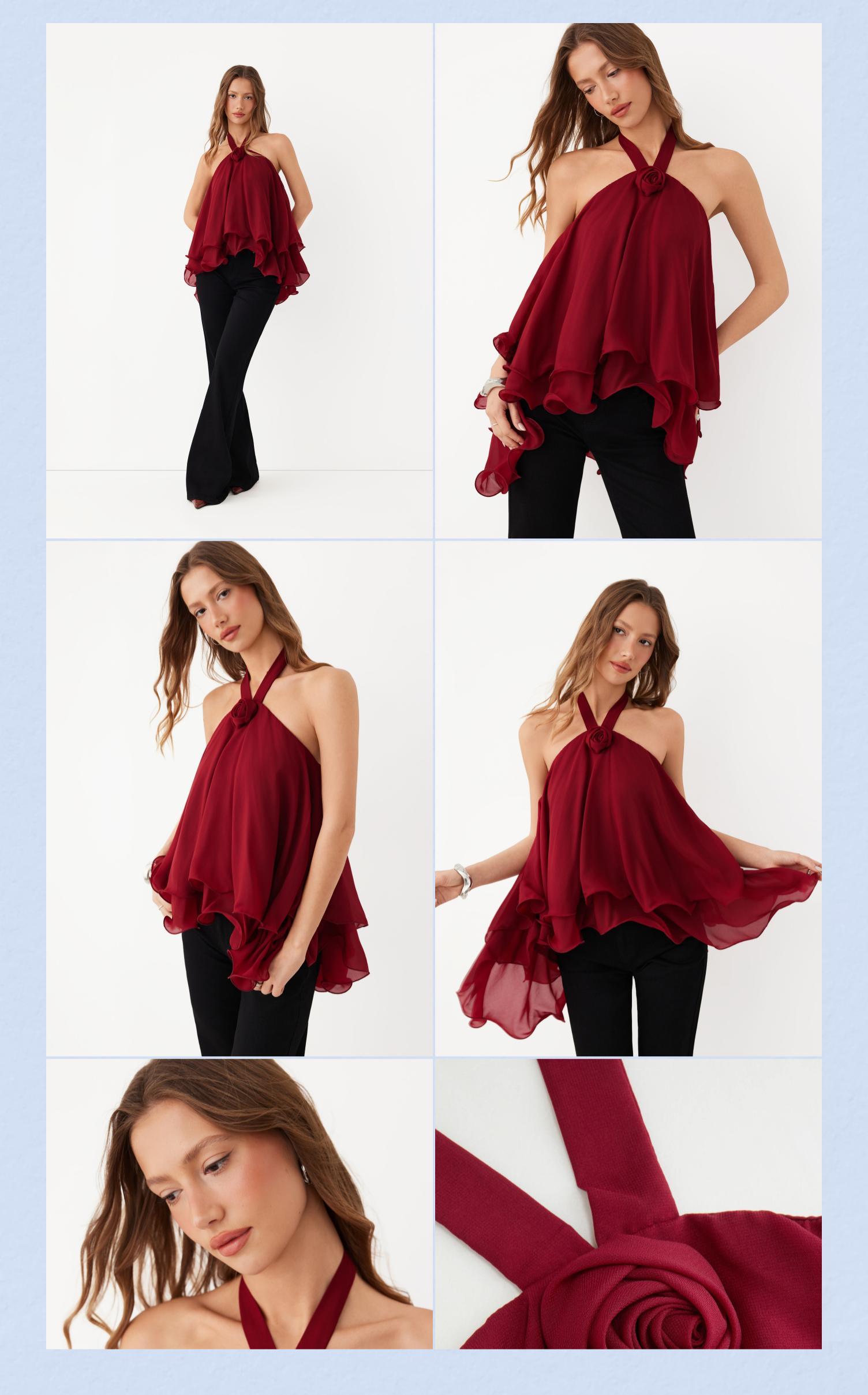 Cider Chiffon Halter Neck Rose Detail Ruffle Hem Oversized Blouse