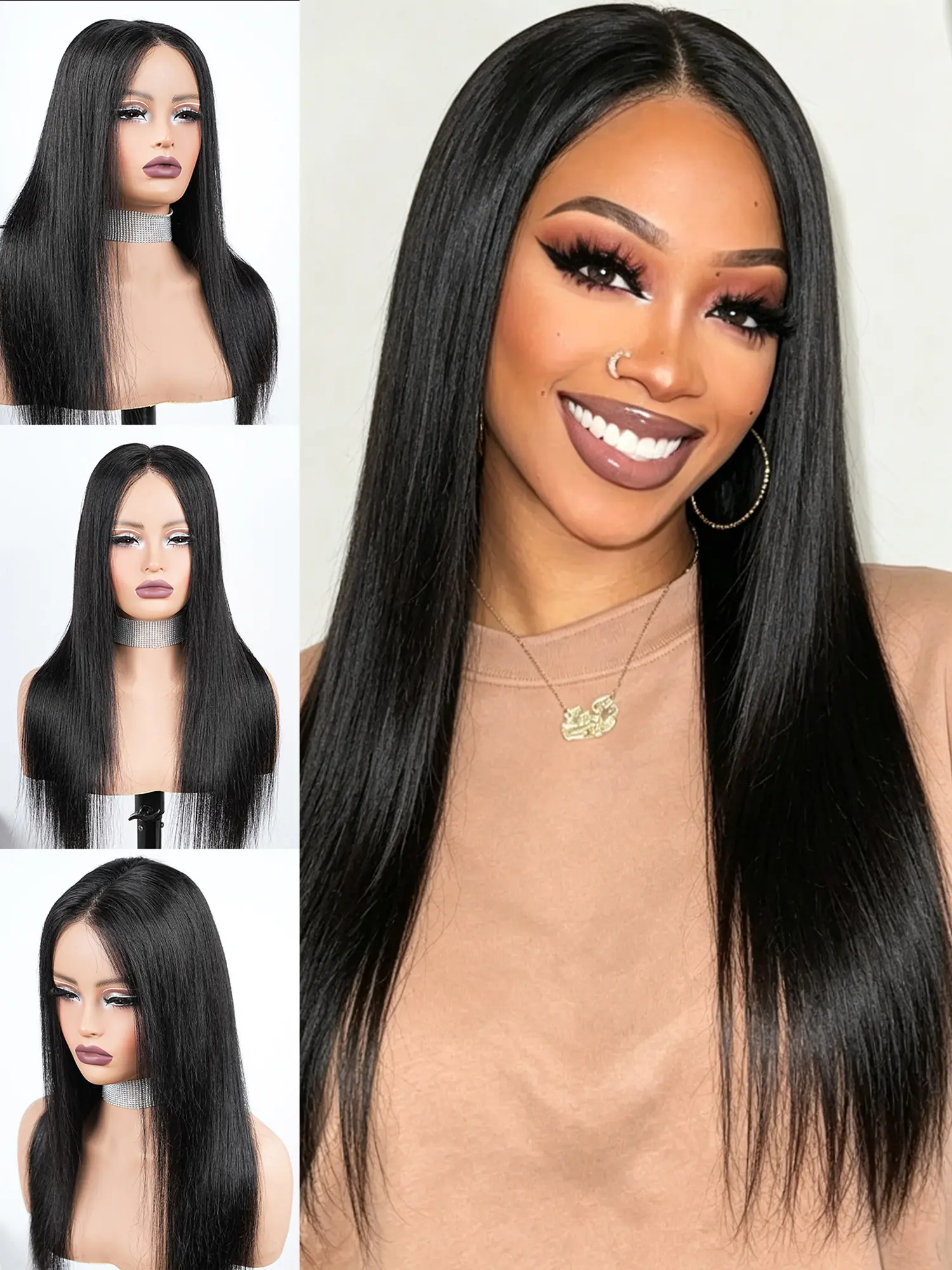 Women‘s Long Straight Human Hair 5*5 Glueless Wig, Middle Part Pre-Plucked Pre-Cut Natural Hairline Beginner Friendly Wigs Wear and Go Wig 20-28 Inch