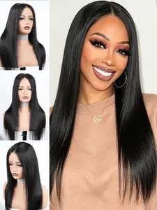 Women‘s Long Straight Human Hair 5*5 Glueless Wig, Middle Part Pre-Plucked Pre-Cut Natural Hairline Beginner Friendly Wigs Wear and Go Wig 20-28 Inch