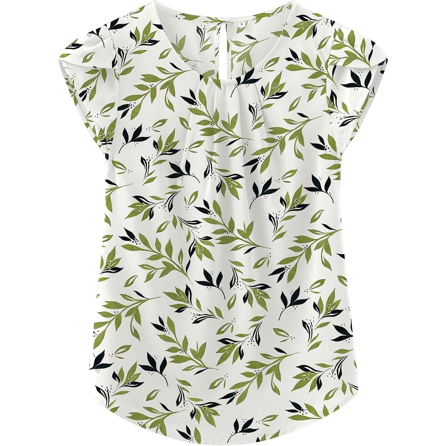 Women's Casual Pleated Chiffon Blouse with Round Neck, Cap Sleeves, Curved Keyhole BackGift