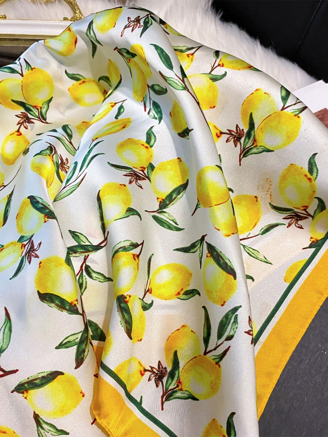 Lemon Print Square Scarf, Floral Print Scarf, Fashionable Soft Satin Scarf for Women & Girls, Casual Versatile Scarf for Beach and Daily Use