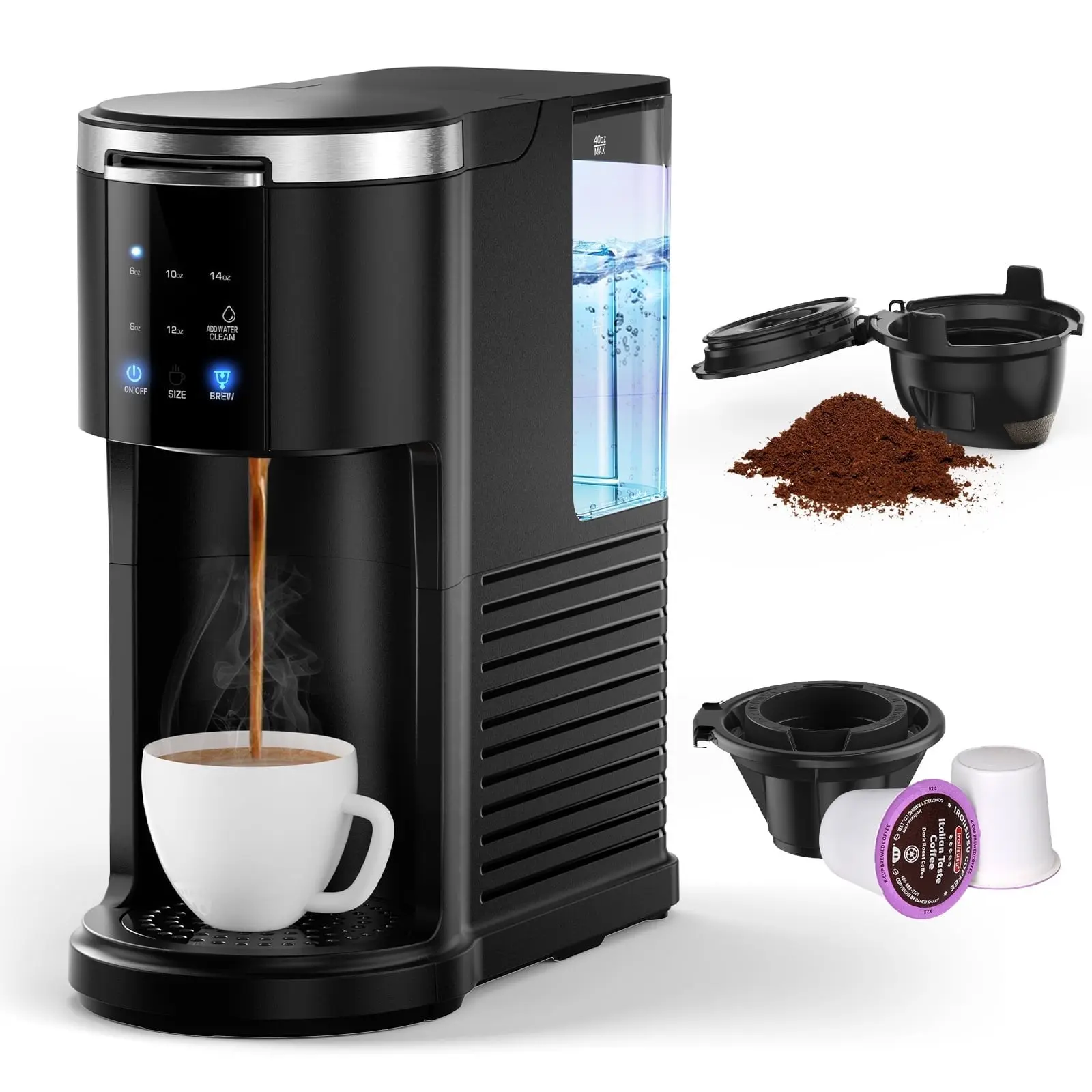 KNDKO Single Serve Coffee Maker for K Cup POD Or Ground Coffee, 1200W Coffee Machine with 40Oz Water Tank, Self-Clean, Quick-Heating for Home, Office