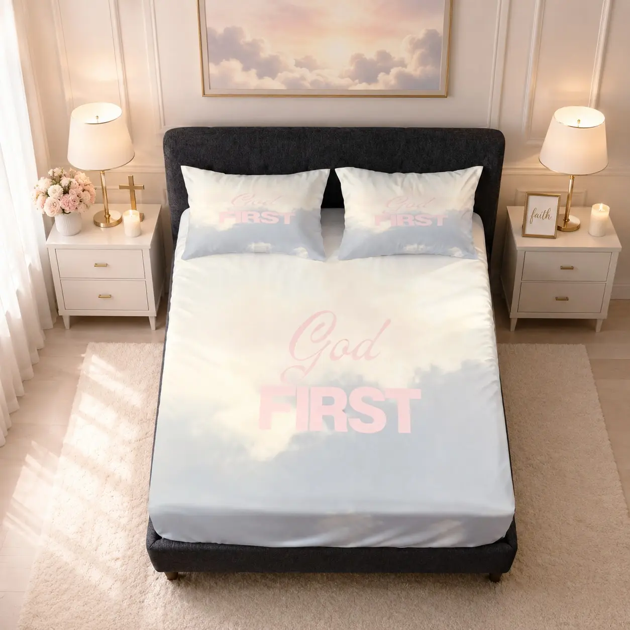 3-Piece Minimal Fresh God First Cloud Text Fitted Sheet Set (1 Fitted Sheet + 2 Pillowcases, No Inserts), Soft Healing Religious Single-Side Gentle Digital Printed Fitted Sheet, Household Bedding for Bedrooms and Vacation Rentals, Perfect Gift Option