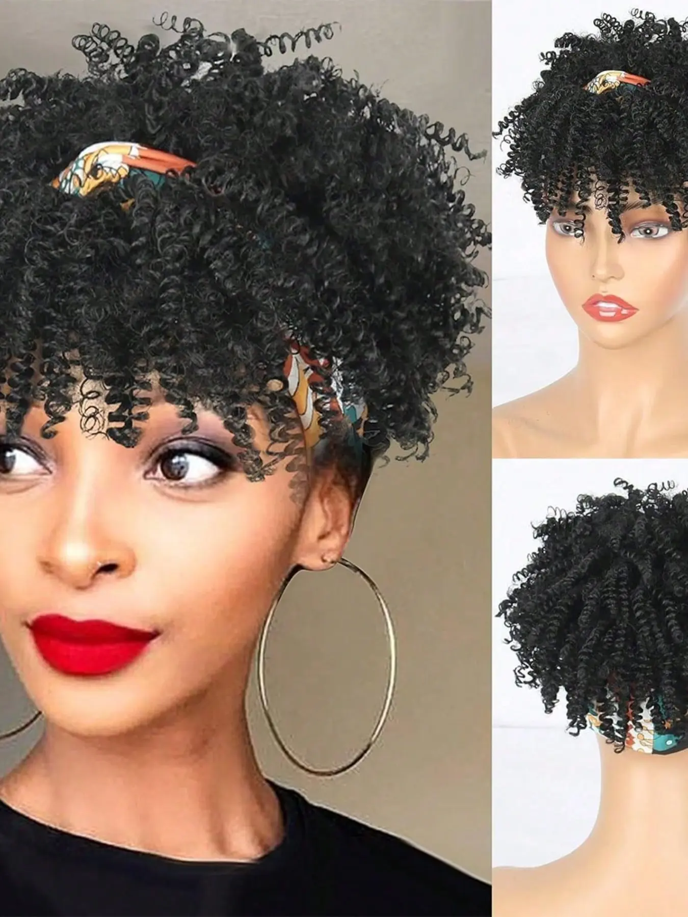 Black Headband Wigs For Women Afro Kinky Curly Wig With Synthetic Short Hair Wigs With Headband Attached Headwrap Wigs Kinky Curly Headband Wig Fashion Wig