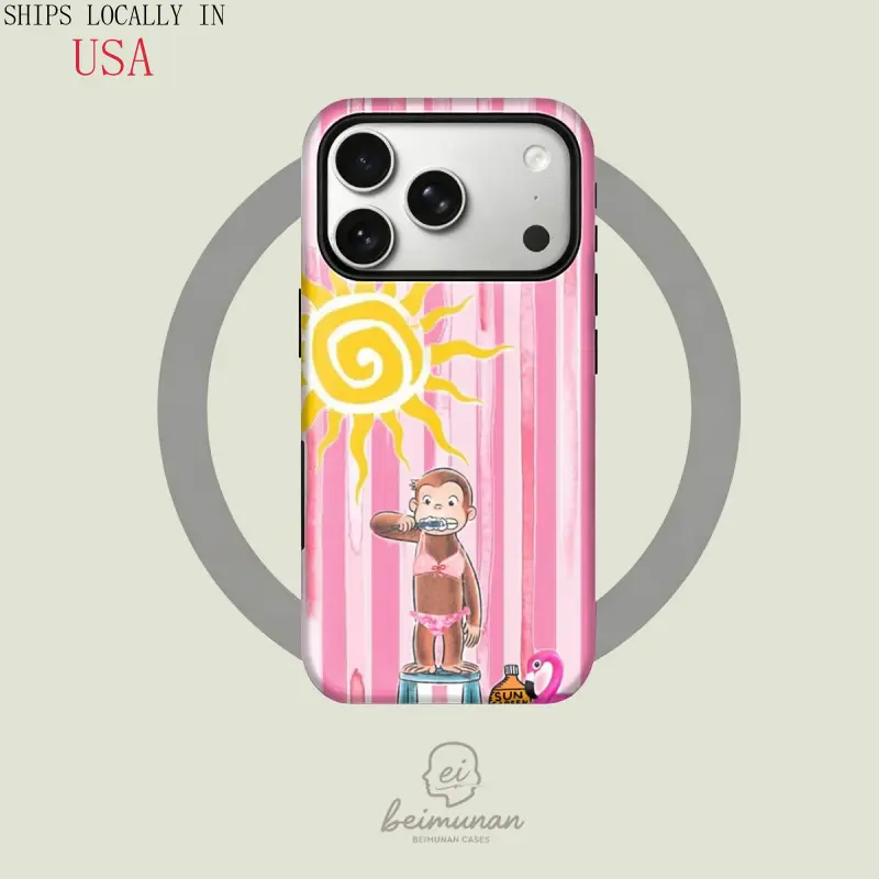 [MagSafe Case]Cute pink and white striped cartoon monkey and flamingo hand-painted pattern phone case, sturdy and durable 2-in-1 protective case, MagSafe compatible, suitable for iPhone 17/16/15/14/13/12/11 Pro Max/Plus/Pro, simple and stylish phone case.