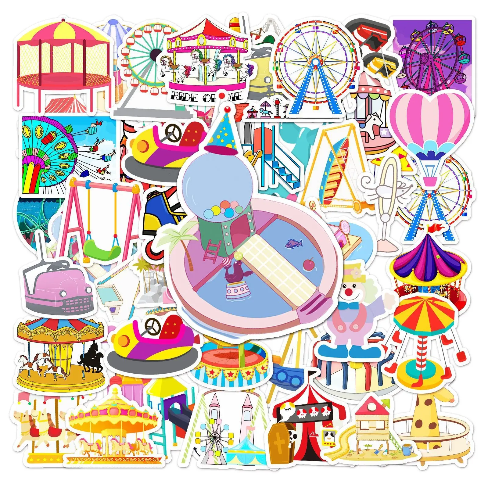 50 Carnival Stickers, Wheel & Carousel Waterproof PVC Decals, Phone Cup Laptop Travel Bag Decor, Amusement Park Gift, Teen Adult Use