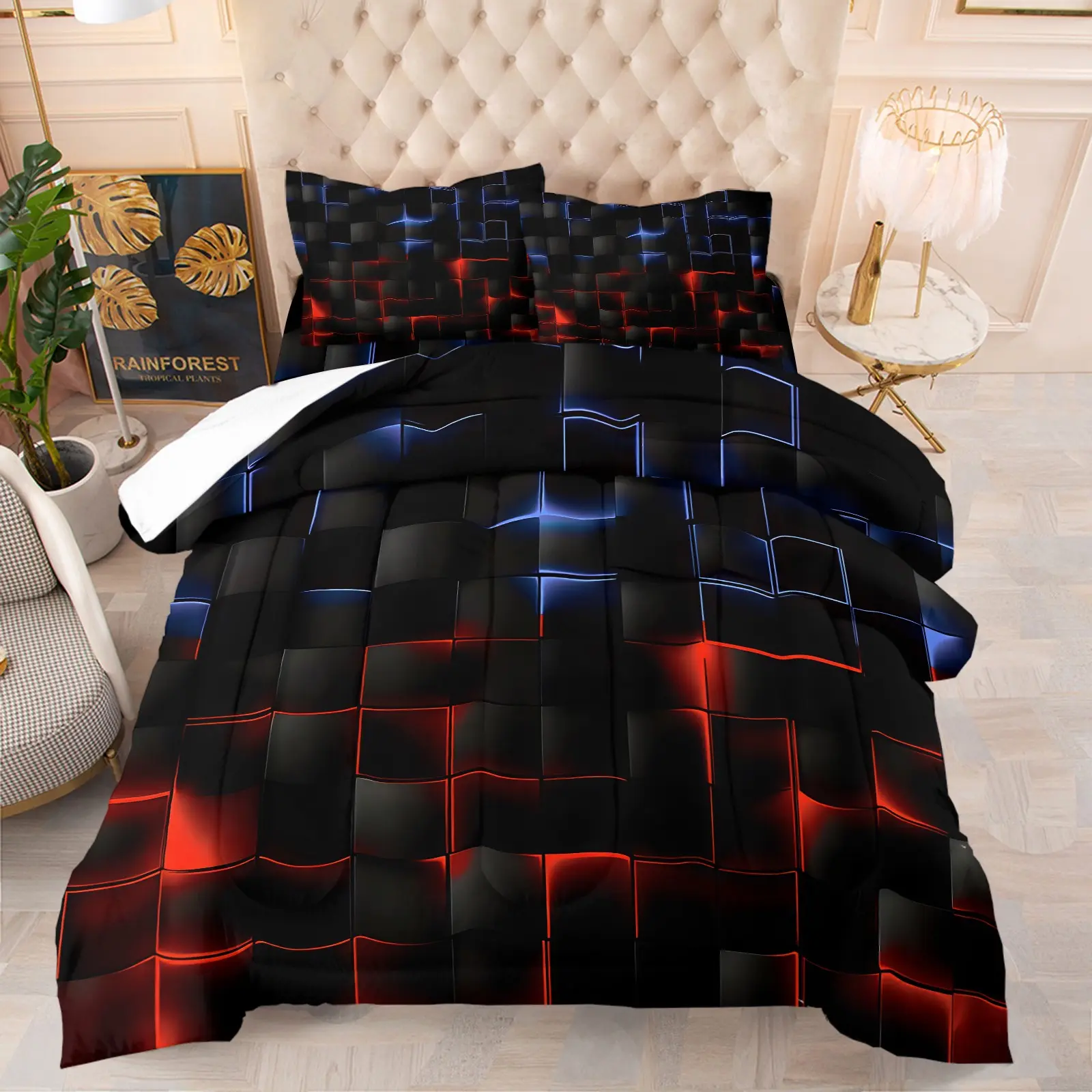 Tech E-Sports Aesthetic Mens Bedroom Decor Quilted Comforter Set, Include 1 Quilt Core and 1/2 Pillowcases, Red Blue Neon Concave Convex Grid Print Washable Warm Comforter, Medium Thickness, All Seasons Use