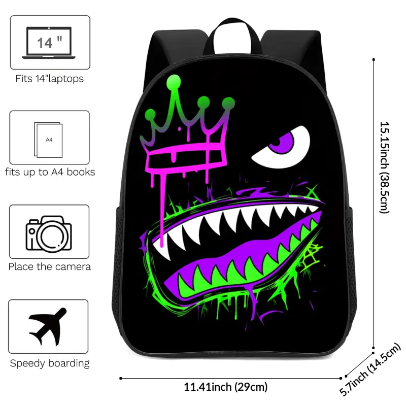 This cool graffiti-style backpack features a monster face with a dripping crown, sharp teeth, and neon green and purple detailing. It comes with adjustable shoulder straps, breathable mesh pockets, and a spacious main compartment.