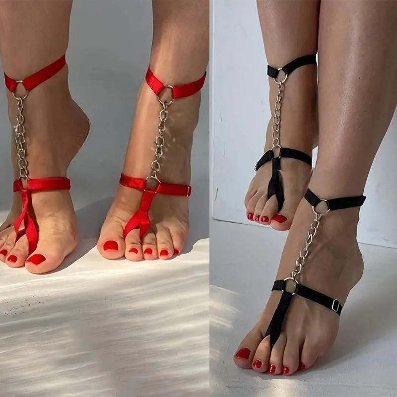 （single）Chain Gothic Black Elastic Band Bandage Anklet Bracelet For Women High Heel Summer Barefoot Ankle Sandals Prom Foot Be