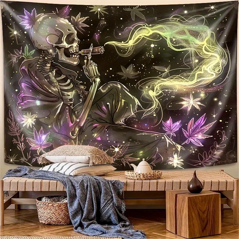 UV Black Light Reactive Wall Hanging Tapestry, Smoking Skull with Plant Leaves Smoke Design, Polyester Decorative Art, Knit Fabric, 85 gsm, for Dorm and Bedroom Decor, No Electricity Needed