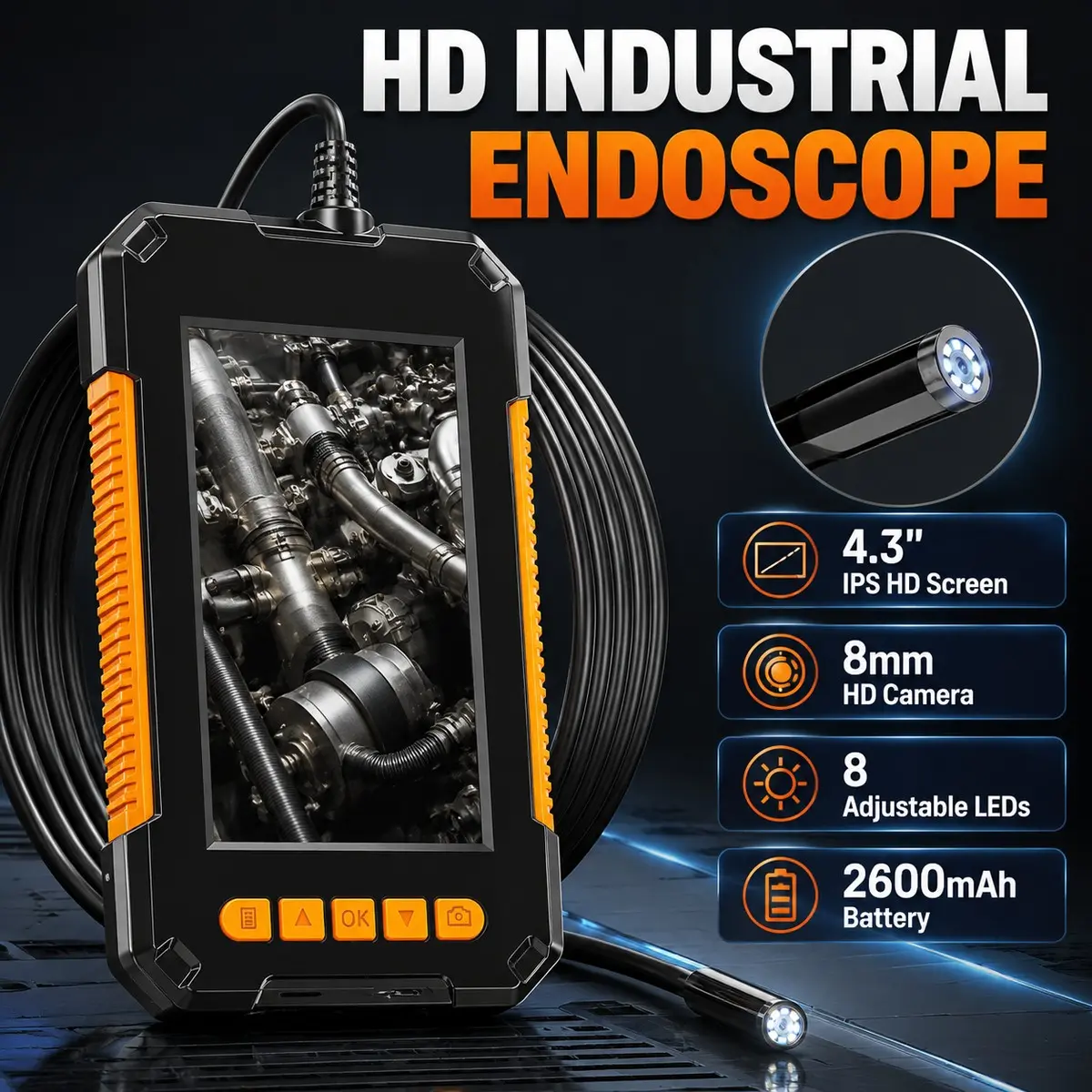 Industrial HD Digital Endoscope with Lighting, 1080P 4.3 Inch Screen, Snake Pipe Detector with 8 LED Lights, Semi-Rigid Probe Cable