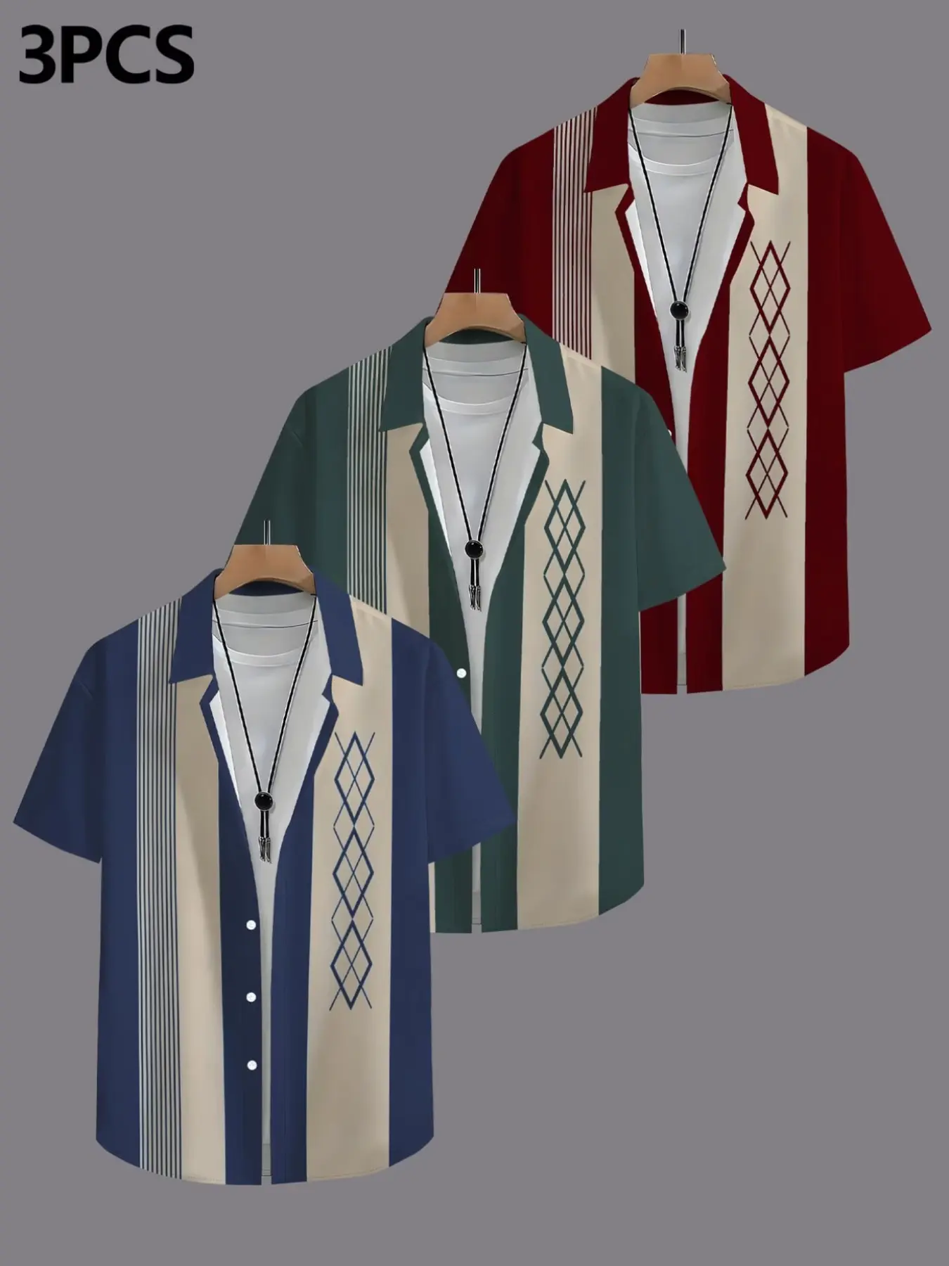 3-Pack American Retro Patchwork Diamond Pattern Men's Short Sleeve Shirt, Summer Lightweight Loose Fit, Casual All-Season Blouse