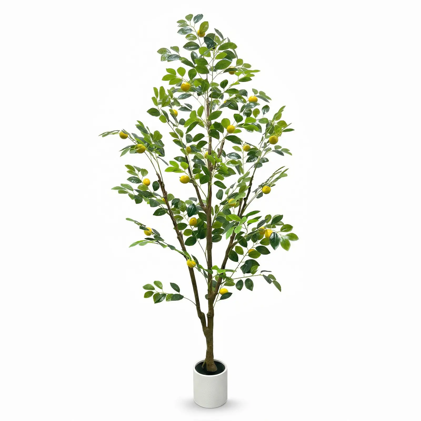 Realistic Artificial Lemon Tree with White Planter | Faux Lemon Tree, PE Silk Leaf, Natural Trunk, Fake Floor Fruit Plant