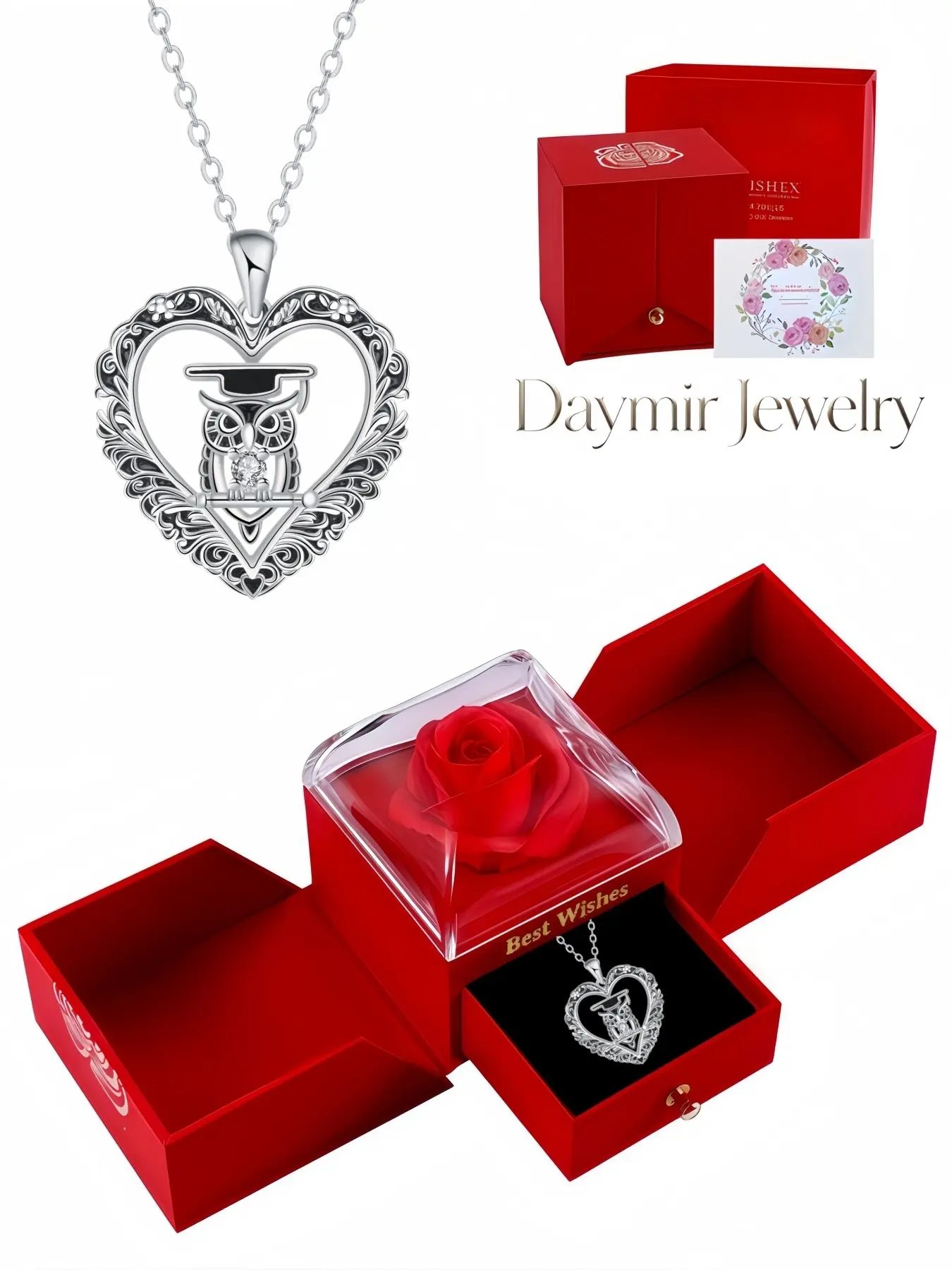 Dream Chaser Grad Owl Heart Necklace, unique elegant pendant with owl, graduation cap and heart inlaid with gemstones. Packaged in stunning double-door preserved rose jewelry box, ideal gift for dating, Valentine’s Day and Christmas.