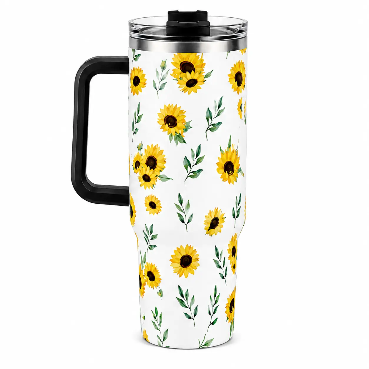 Women's 40 oz Stainless Steel Insulated Tumbler - Sunflower Floral Printed, Reusable Vacuum Flask with Handle and Straw, Large Capacity Coffee/Iced Tea Cup for Office Use