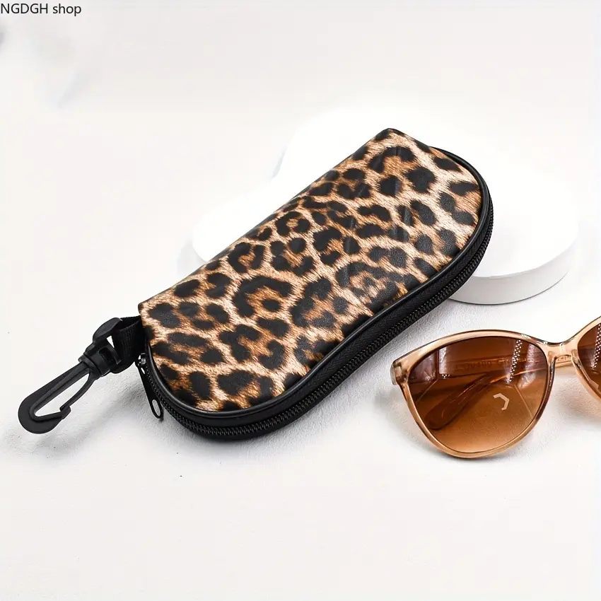 Glasses Pouch - Cute Leopard Print Hard Shell Glasses Case Sunglasses Pouch with Carabiner Clip for Women Girls Everyday Use