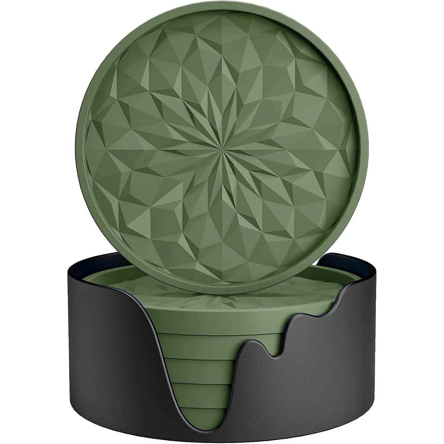 Silicone Coasters with Holder,[6 Pack] Drinking Coasters - Cup Mat for Hot or Cold Drinks, Thickened, Non-Slip, Non-stick,Deep Tray Olive Green