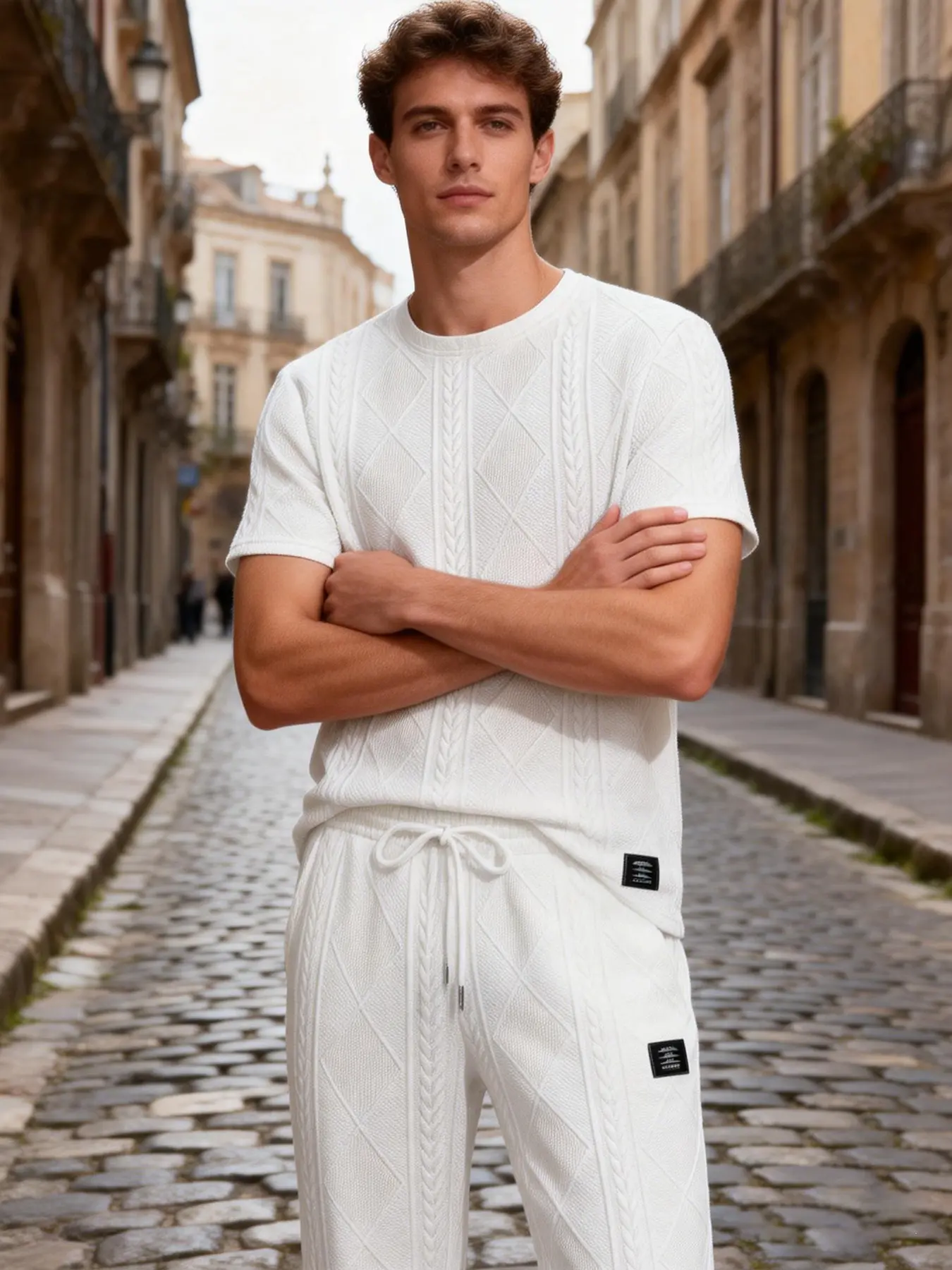 Men Solid White Cable Diamond Textured Casual Loungewear 2-Piece Set, Crew Neck Short Sleeve Tee & Drawstring Straight Long Pants, Soft Skin-Friendly Home Outfit for Napping, Gaming, WFH & Lazy Indoor Rest
