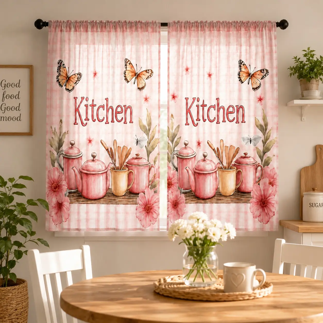 SoftHaven Polyester Kitchen Curtain Set - 2D Flat Print Tableware & Letter Pattern, Rod Pocket Valance with Cafe Tiers, Sheer Window Drapes for Kitchen/Dining, Window/Cafe Decor