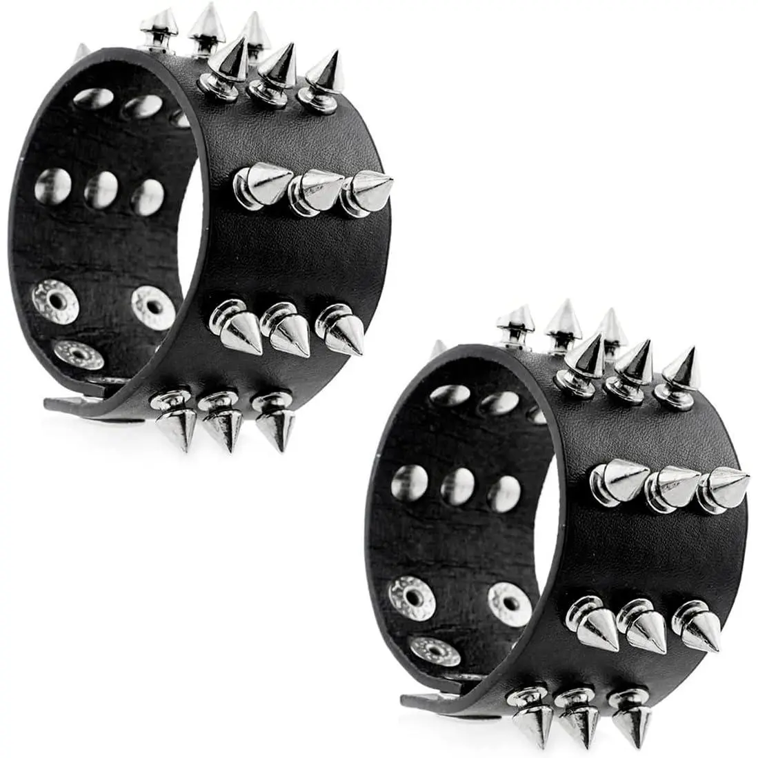 2Pcs Punk Studded Bracelets for Men Women, Black Faux Leather Spike Rivet Cuff Wristband with Snap Button, Goth Rock Costume Jewelry
