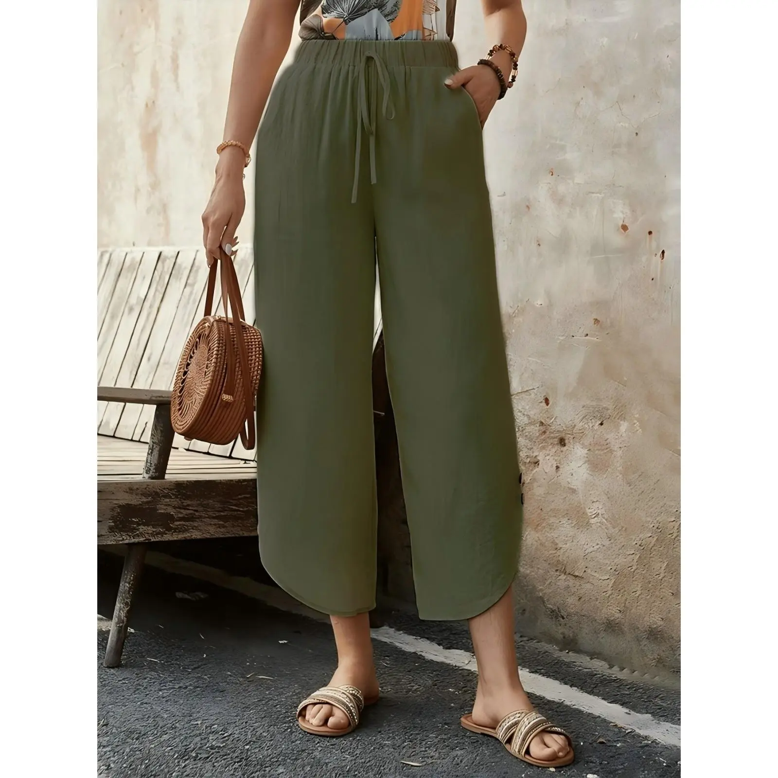 Women’s Cotton Linen Wide Leg Pants with Drawstring Waist, Casual Loose Fit Ninth Length Trousers with Pockets, Comfortable Breathable Summer Pants for Daily Wear, Vacation & Outdoor Style