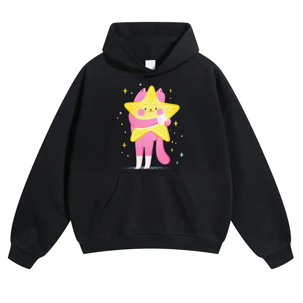 Unisex Pink cat-human figure holding stars under a warm night sky Graphic hoodie Personalized Pattern Y2k Clothing Round Neck hoodie,Women's Clothing 100% Cotton, Menswear, Top, Vintage Style,Summer Casual Oversized