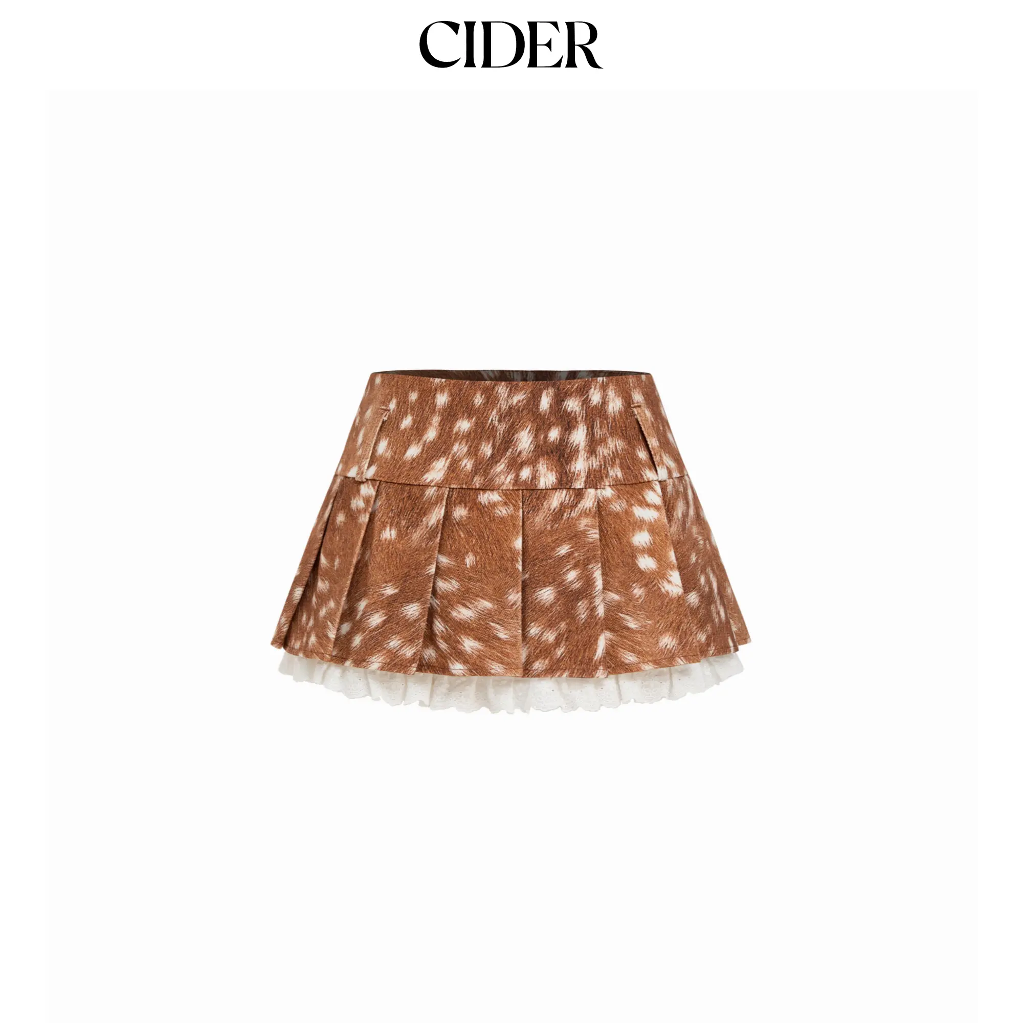 Cider Cotton Low Rise Deer Print Pleated Broderie Anglaise Mini Skirt
