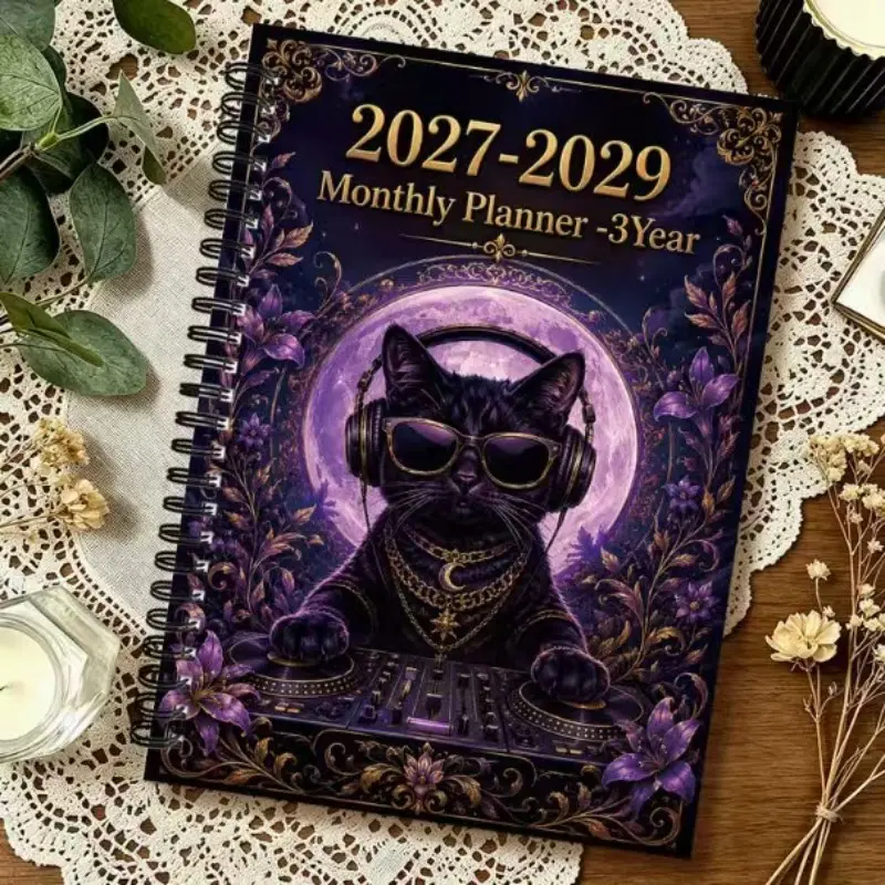 2027-2029 Three-Year Monthly Planner Notebook, Cool Dj Cat Moon Design, Spiral Binding, Flat Laying, Easy Page Turning