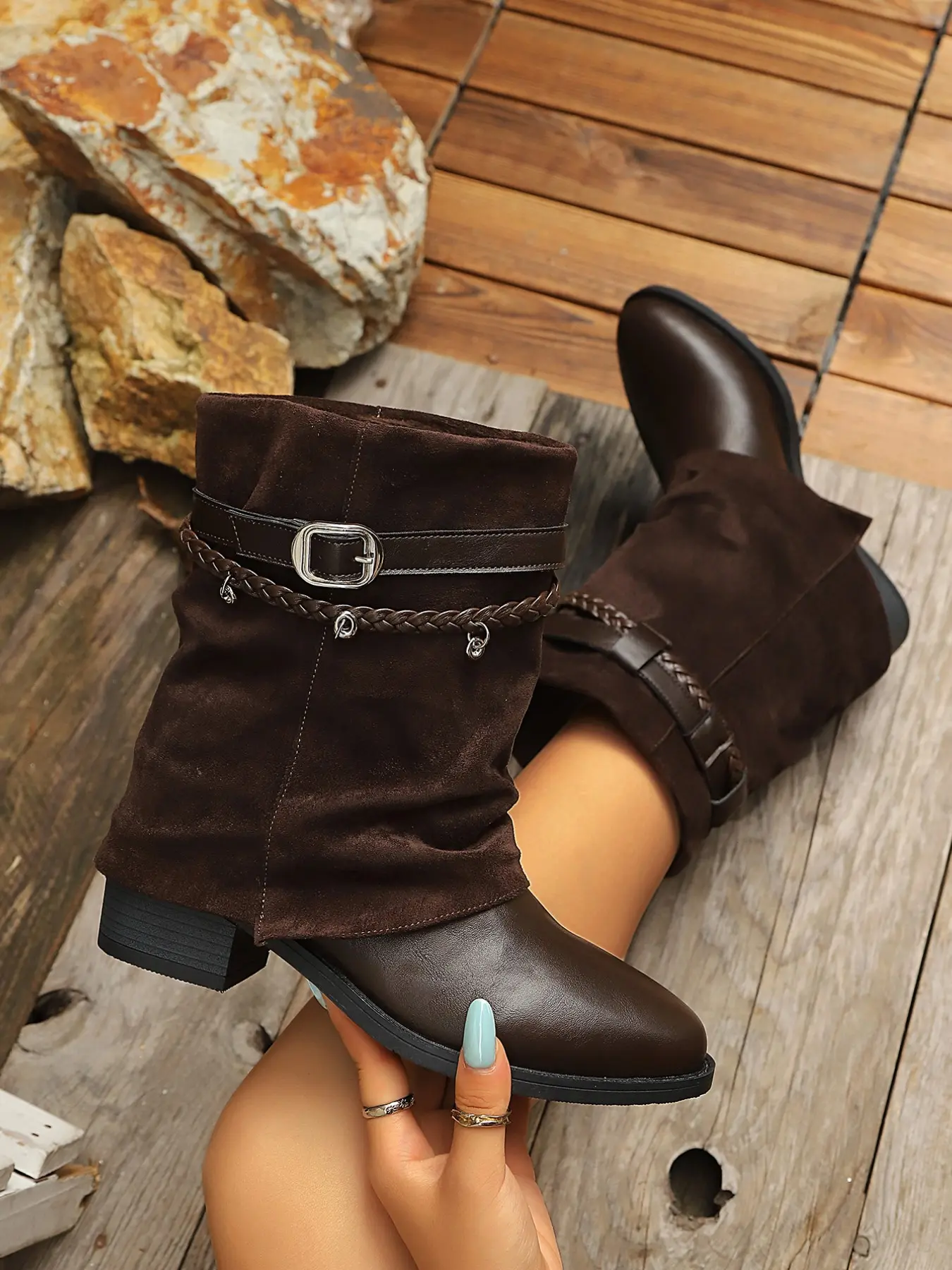 Vintage Patchwork Western Mid-Calf Boots, Woven Chain Buckle Thick Heel Women's Boots, Distressed Wrinkle Denim Boots