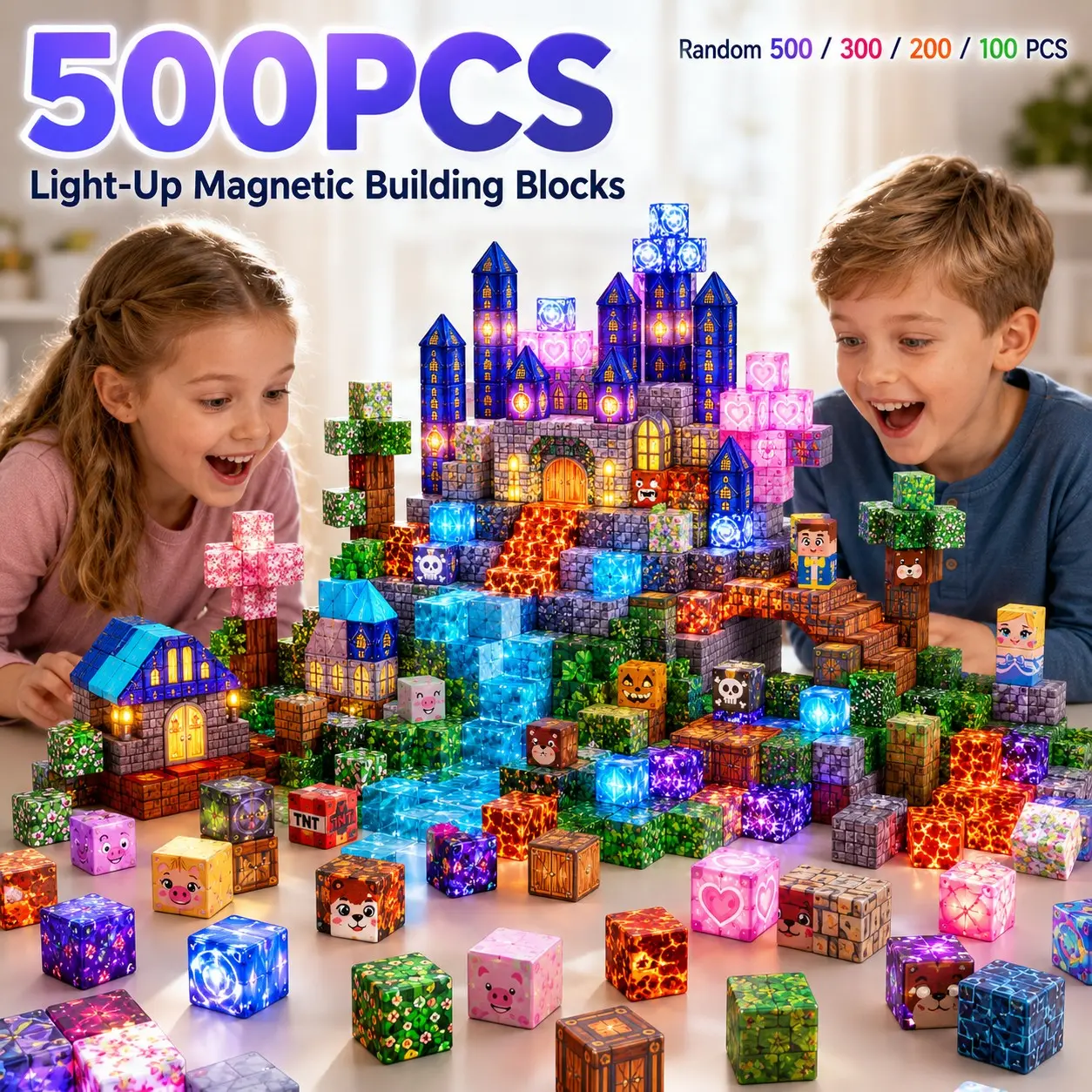 100/200/300/500PCS Light-Up Magnetic Building Blocks, LED Magnetic Cubes with Strong Magnets, Magnetic Modular Blocks, Random Assorted STEM Montessori Sensory Construction Stacking Toy, Creative 3D Building Set for Kids Ages 3+, Birthday Christmas Gift