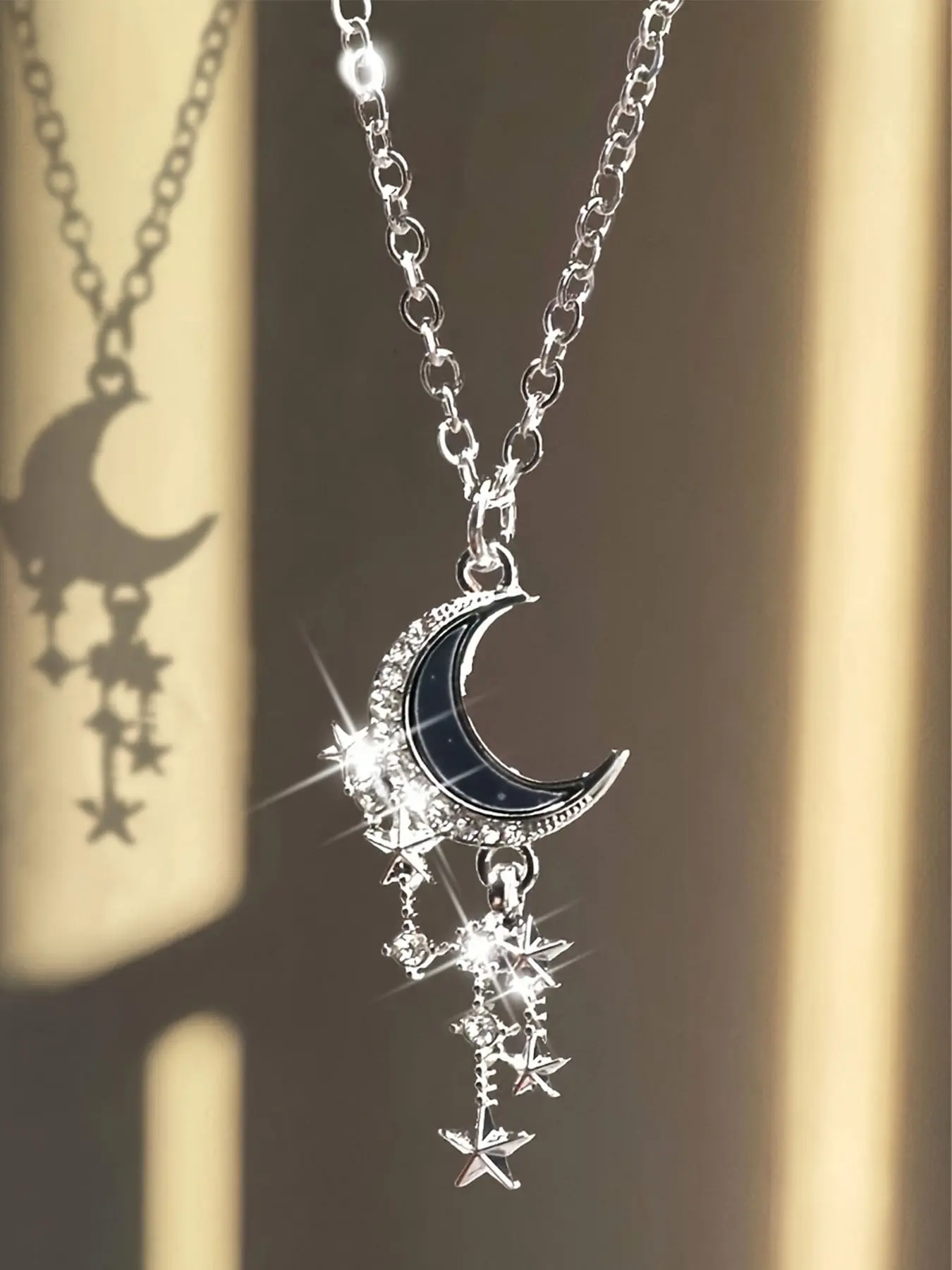 Gothic Style Zircon Moon Pendant Necklace, Pendants Necklaces, Elegant Star Fringe Choker, Fashionable Jewelry Accessory, Perfect for Daily & Party Wear, Ideal Gift