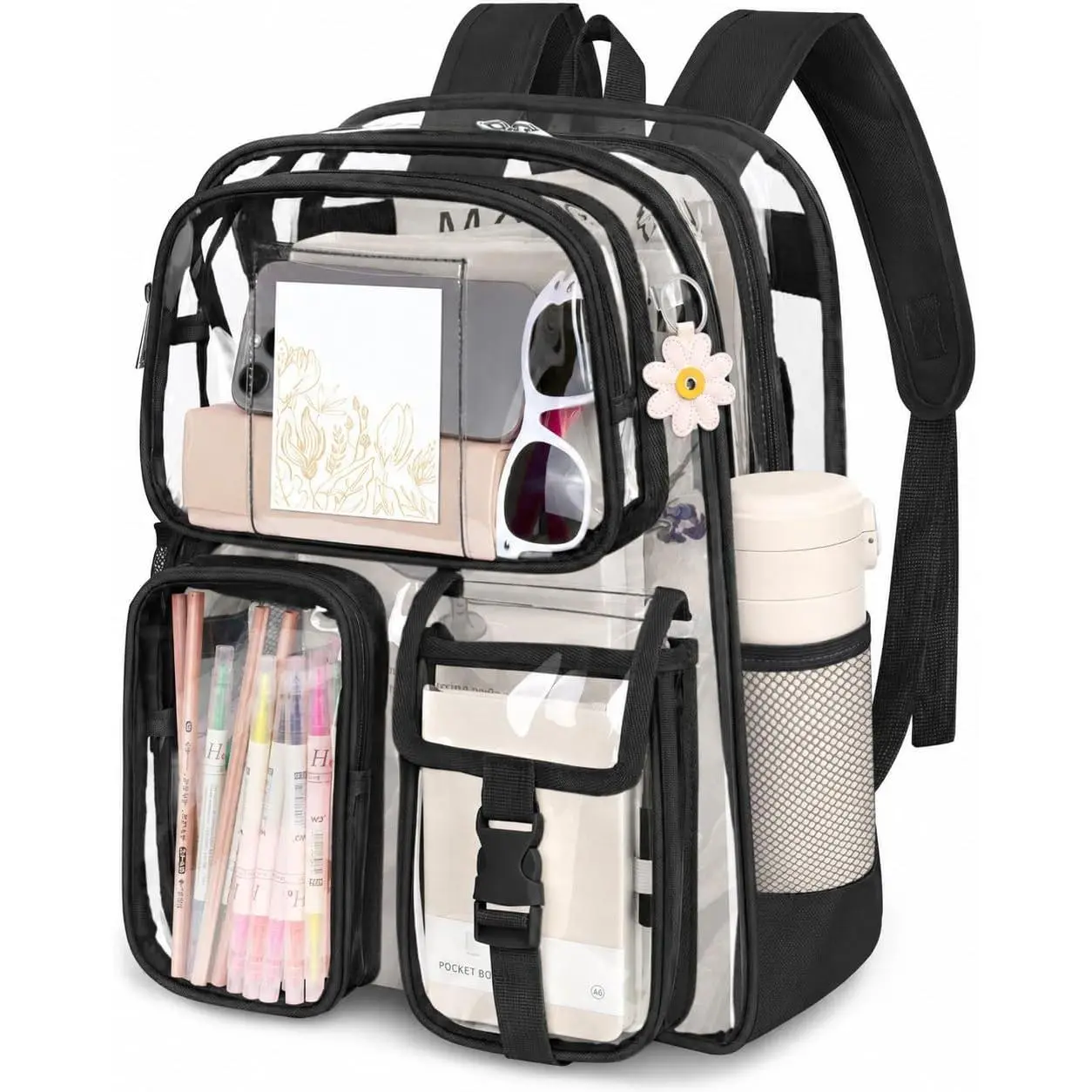 Heavy-Duty PVC Transparent Backpack with Reinforced Straps, Large-Capacity Bookbag for School Students & Stadium Security Use, Black Fashion Accessory