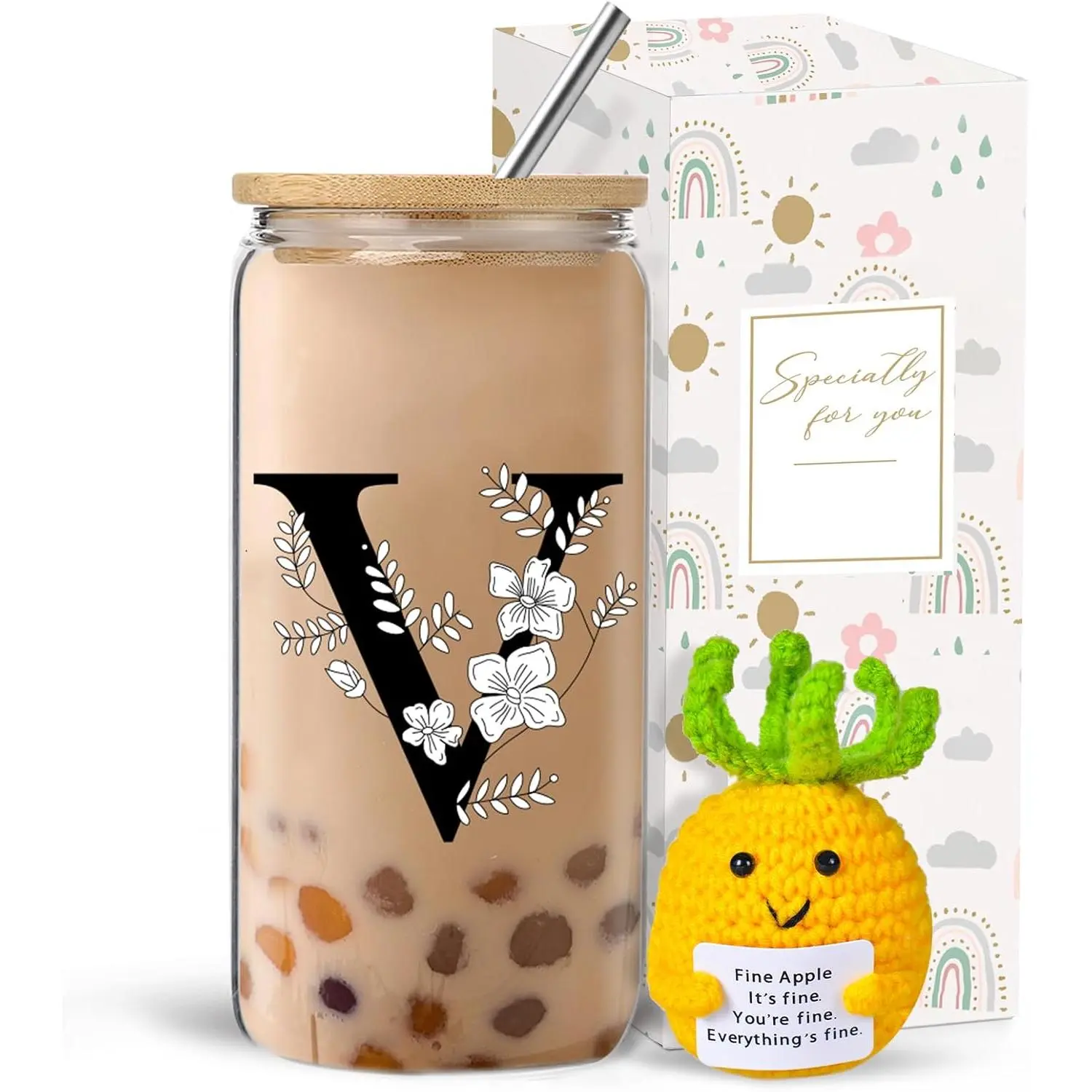 Monogrammed Initial Glass Cup with  and Straws  for Women | Personalized  Set with Doll, 16 Oz Ice Coffee Cup , glass tumbler,Birthday Christmas  for Her,V