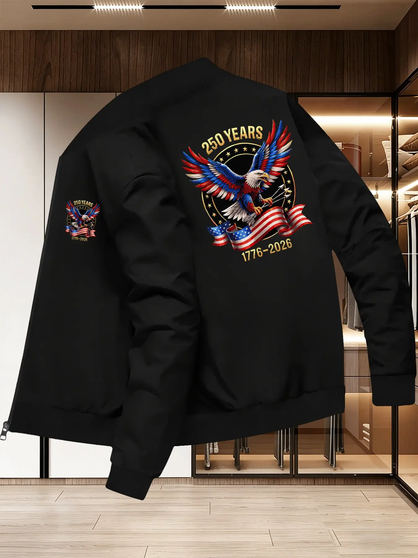 Men Patriotic Eagle Flag Print Bomber Jacket, Fall Jackets, Zip Up Stand Collar Outerwear, 1776‑2026 Graphic Casual Long Sleeve Coat For Street Daily Outdoor Wear.