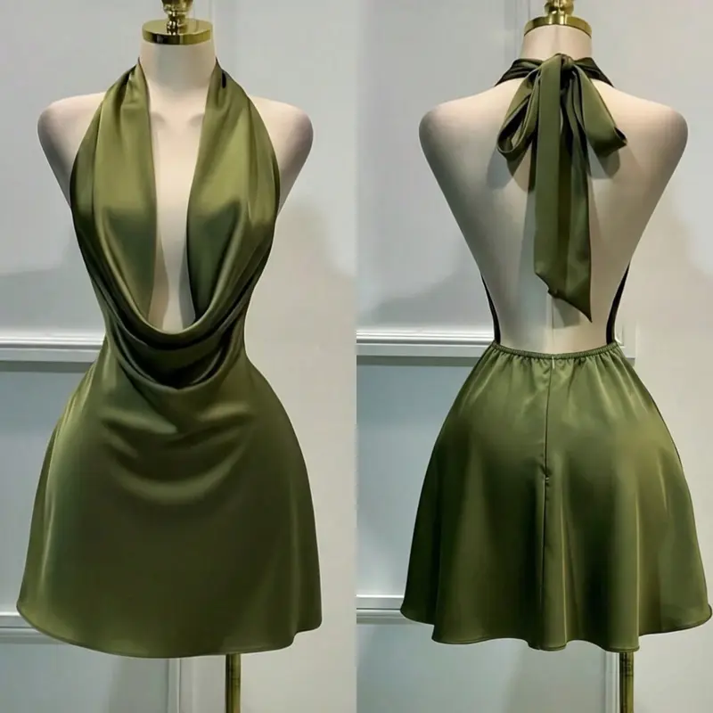 Elegant Sexy Halter Backless Mini Dress, Fit, Deep V Neck Tie Design, Perfect for Valentine's Day Wedding Guests, Fashion Evening Gown