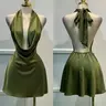 Elegant Sexy Halter Backless Mini Dress, Fit, Deep V Neck Tie Design, Perfect for Valentine's Day Wedding Guests, Fashion Evening Gown