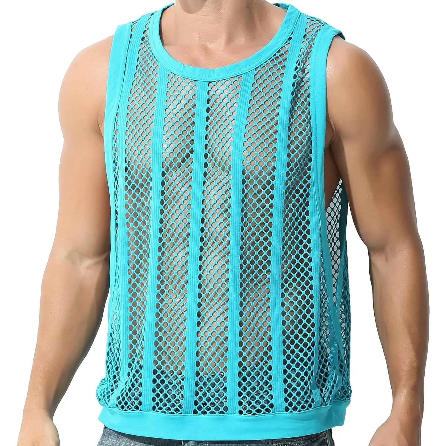 Men's Mesh Fishnet Tank Tops - Sleeveless, Square Neck, See-Through Menswear Undershirts