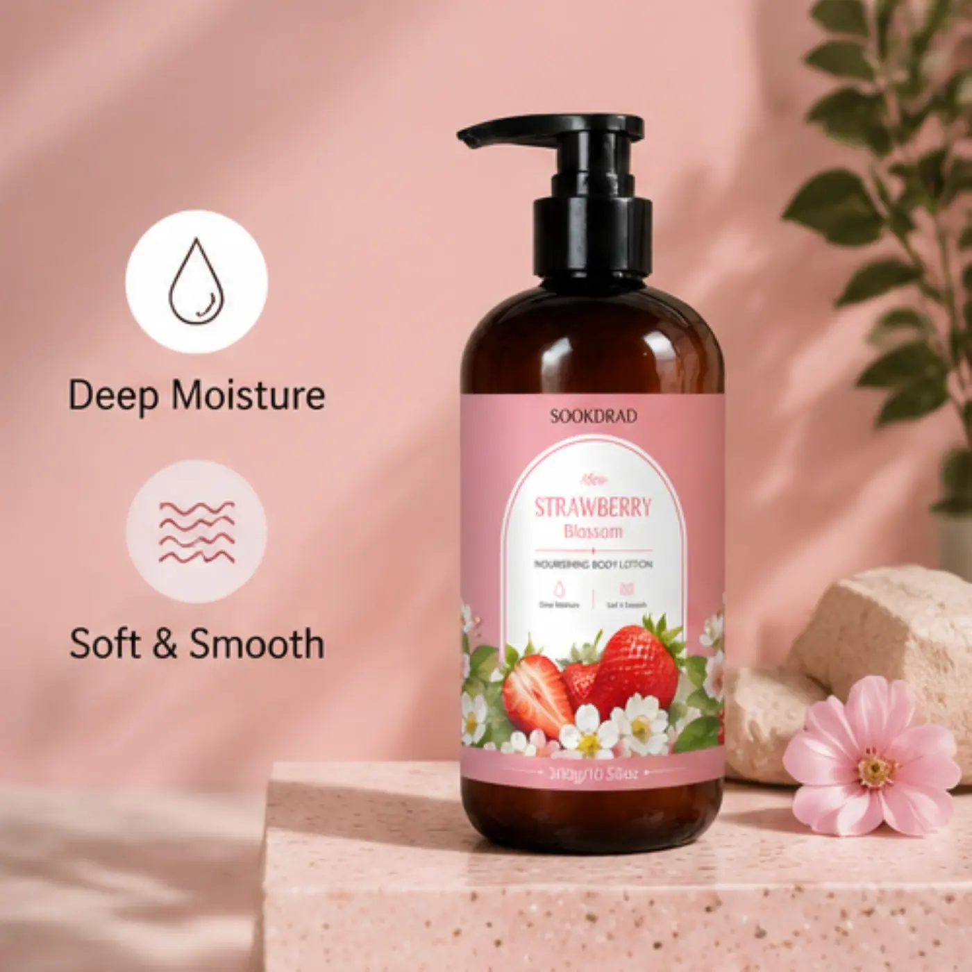strawberry blossom nourishing body lotion, deep moisture, long lasting hydrating, soft and smooth, body care, all skin types, daily use, 300g/10.58oz