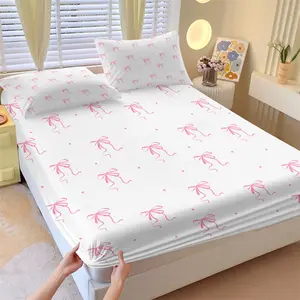 Coquette Girly Pink Bow Polka Dot Fitted Sheet Set 3 Piece, 1 Fitted Sheet + 2 Pillowcases, Soft Microfiber Deep Pocket Design All Season, Cute Pastel Bedroom Girl Decoration, Gift for Teen Girls Coquette Style Lovers