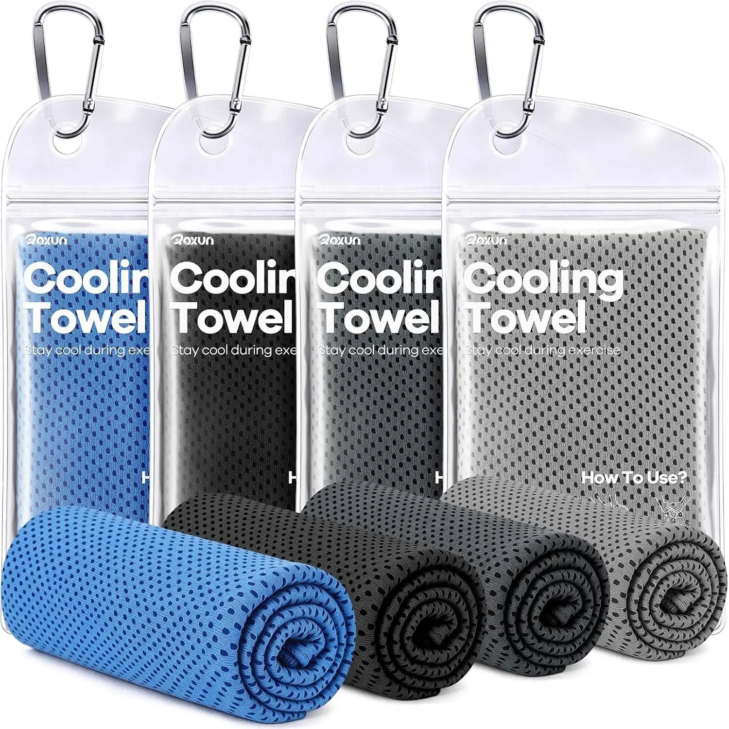 4 Pack Cooling Towels, 40''x12'' Soft Breathable Chilly Neck Ice Rags | Workout Running Golf Gray+Dark Gray+Blue+BlackGift.