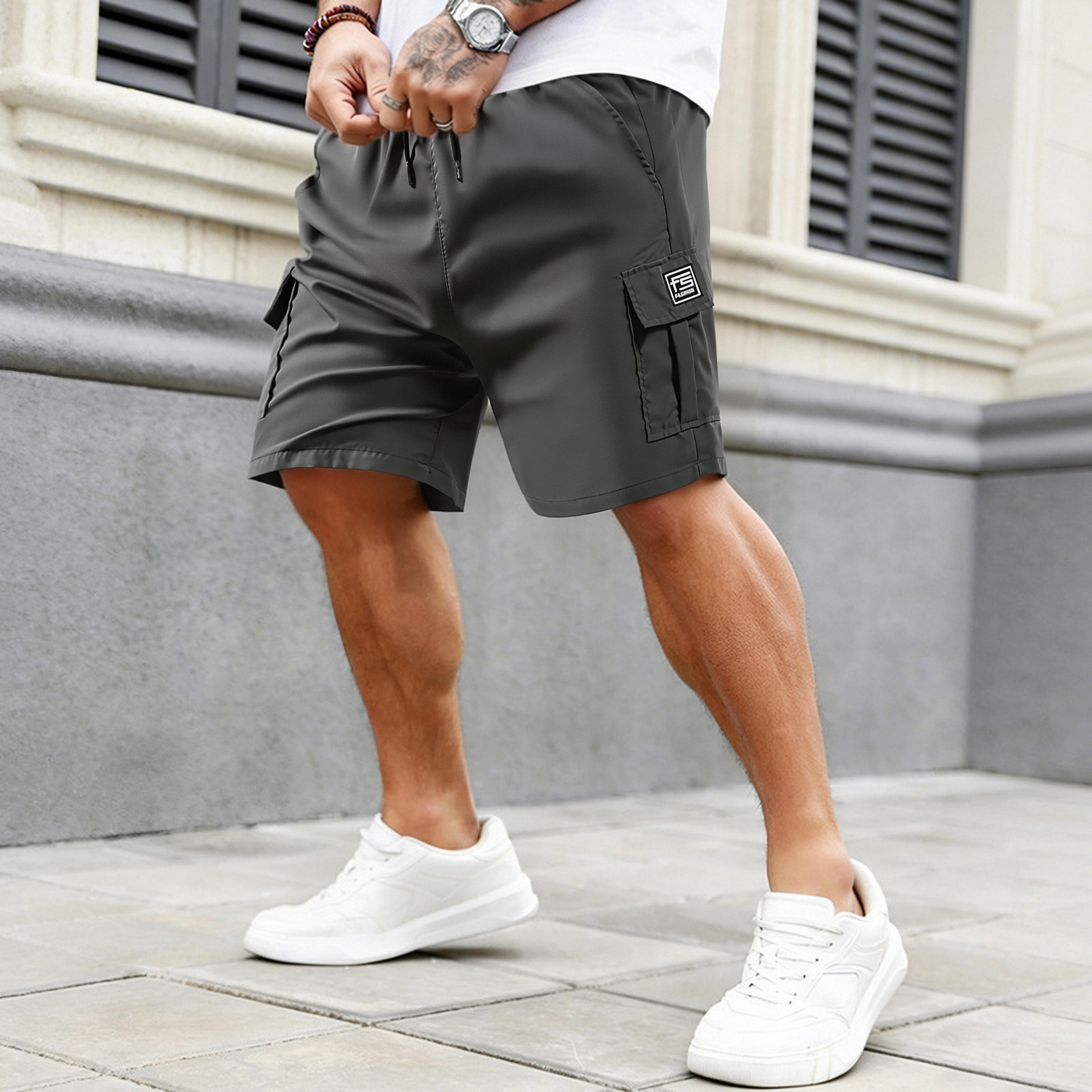 5-Pack Men’s Quick-Dry Cargo Shorts, Lightweight Multi-Pocket Casual Shorts with Elastic Drawstring Waist, Loose-Fit Work Shorts for Outdoor Hiking, Daily Commute & Streetwear Fashion, Men's Wear, Mid Waist