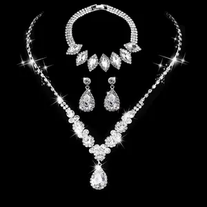 Bridal Wedding Jewelry Set Three-Piece Set: Dazzling Rhinestone Zircon Angel's Tears Necklace, Earrings, and Bracelet