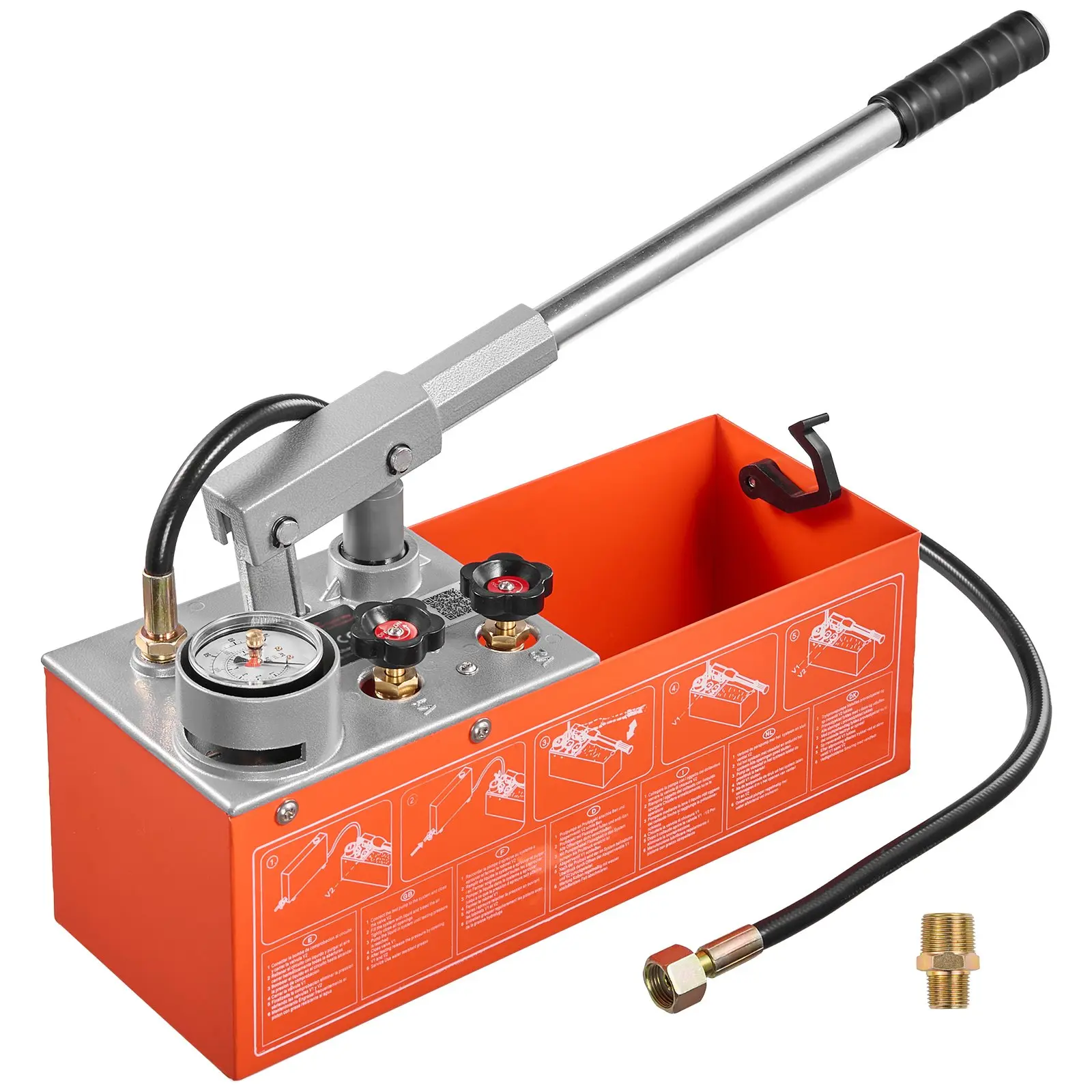 VEVOR Hydrostatic Test Pump 2 Gallon Hydraulic Manual Water Pressure Tester, Dual Valve Hydrostatic Water Pipe Leakage Pressure Test Pump Kit with Gauge & Tank, 0-60 Bar Range, for Pipeline, Heating