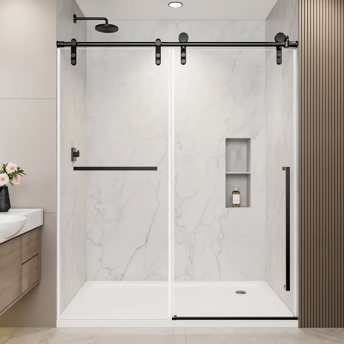 56"-60" W x 75" H Frameless Sliding Shower Door, Matte Black Shower Screen, 5/16" (8mm) Clear Tempered Glass With Explosion-proof Film