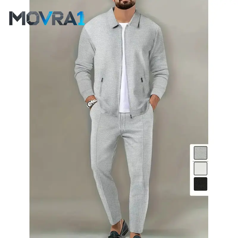 MOVRA1 Men's 2-Piece Fitted Tracksuit Set - Collared Zipper Jacket, Pull-On Soft Pants, Sporty Chic Outfit, Polyester Blend, Plain Look, Casual Athletic Wear, Father's Day Gifts, Fitted Cut