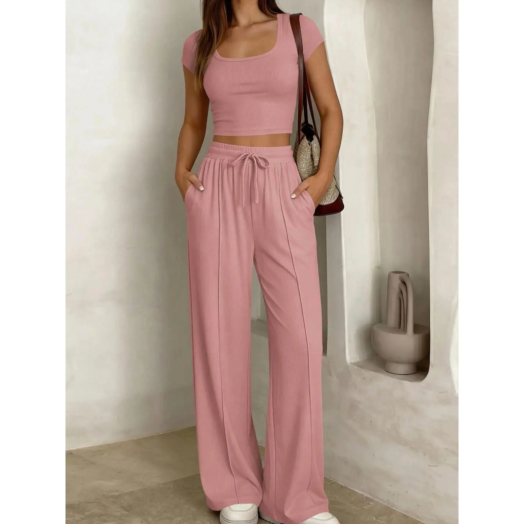 Women's Casual Lounge Set Drawstring Short Sleeve Top & Pants Summer Fall Outfit